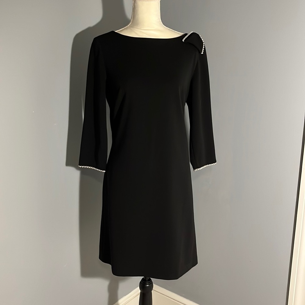 KARL LAGERFELD black dress with pearl bow and sleeve trim Size 8